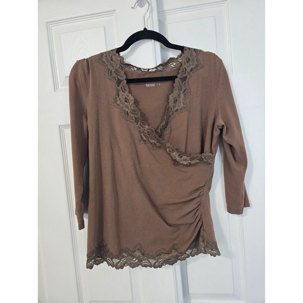 Coldwater Creek Brown Lace Trim Surplice Wrap Top Side Ruched 3/4 Sleeve Small